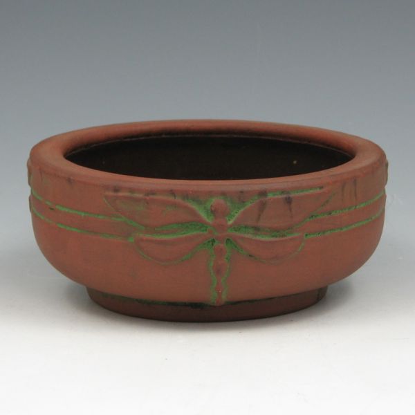 Appraisal: Peters Reed Moss Aztec bowl with dragonflies Unmarked Mint wide