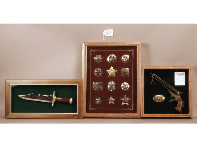 Appraisal: Collection including display case with sterling silver early Lawmen's badges