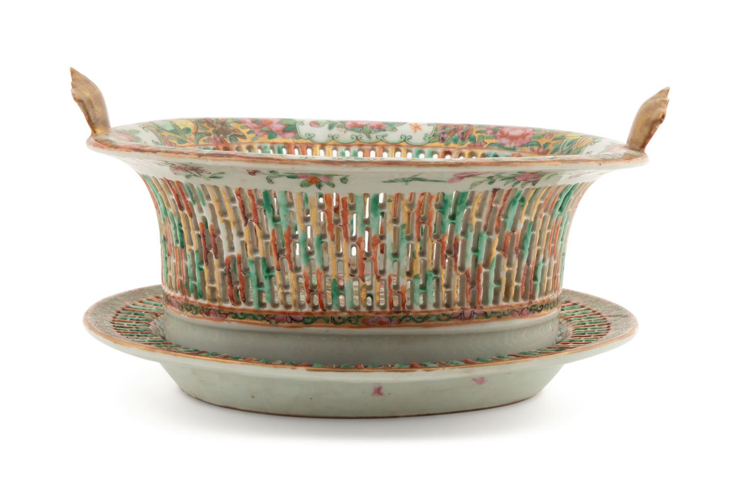 Appraisal: ROSE MEDALLION CHESTNUT BASKET UNDERPLATE Chinese export Rose Medallion porcelain