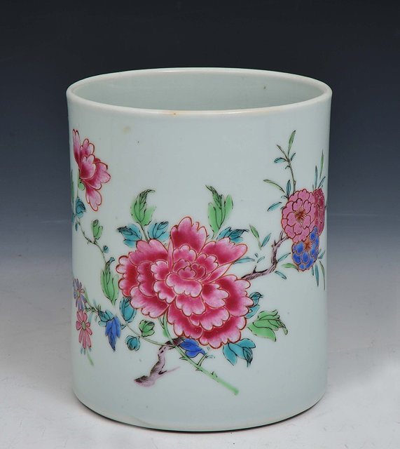 Appraisal: A CHINESE FAMILLE ROSE CYLINDRICAL BRUSH POT with bird and