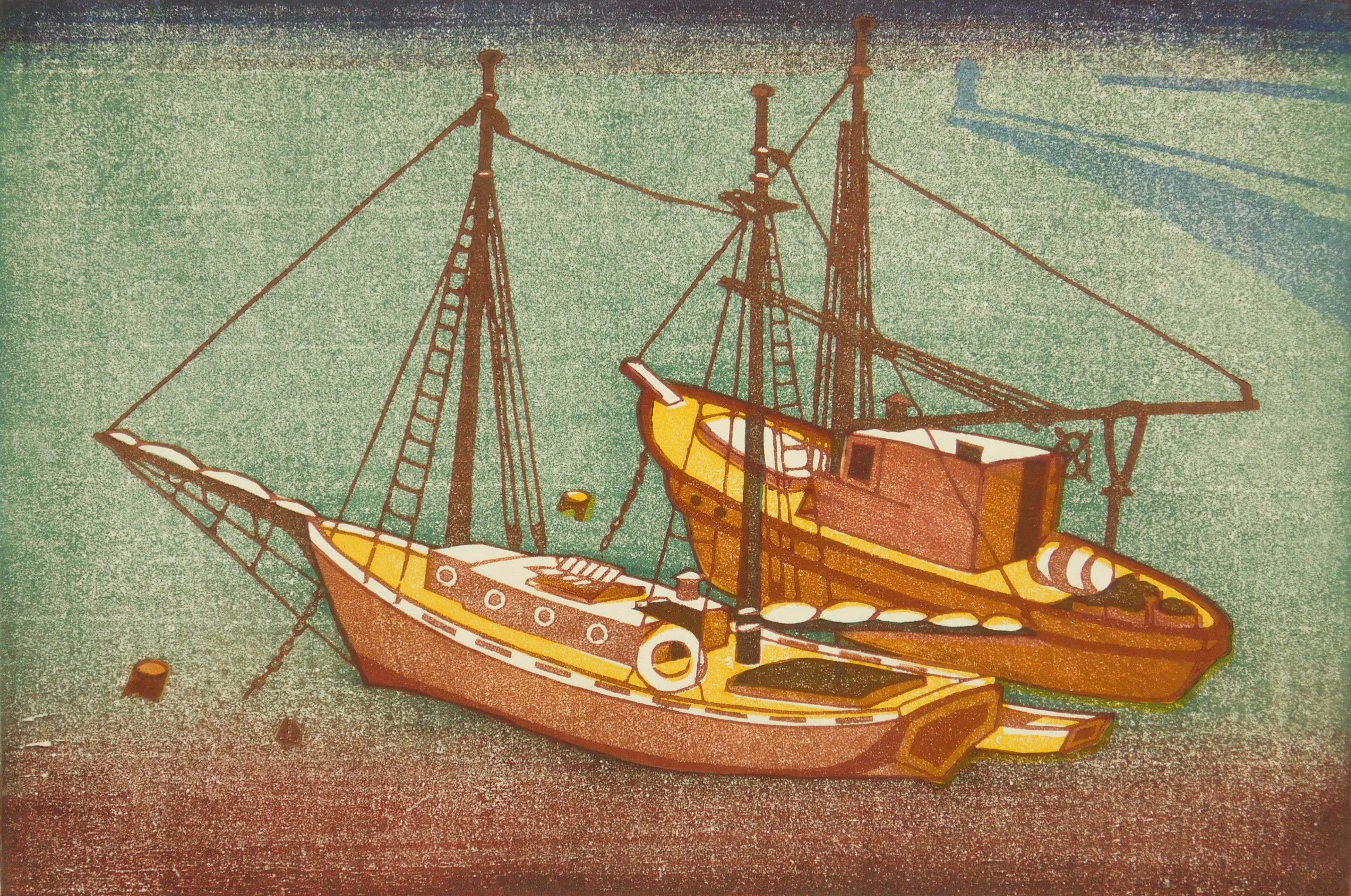 Appraisal: Anders Aldrin - Fishing Boats''- woodblock in colors signed titled