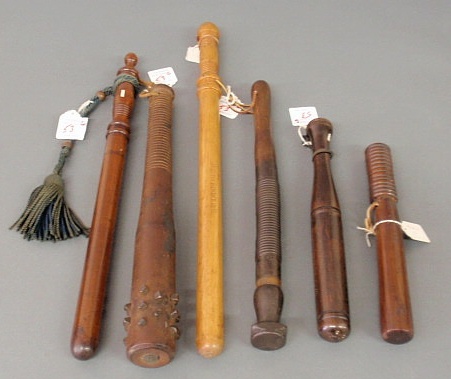 Appraisal: Six wooden police Billy clubs th thc Longest