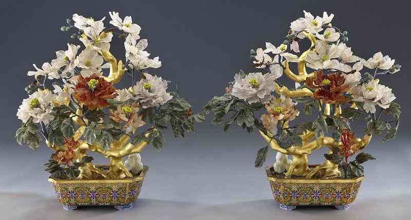 Appraisal: Pr Chinese carved jade trees in cloisonneplanters the leaves carved