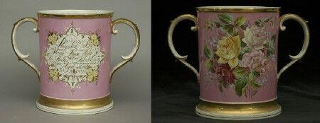 Appraisal: Victorian Pink-Ground Porcelain Presentation Cup x in handle to handle