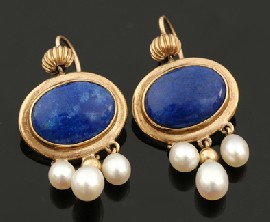 Appraisal: PAIR OF LAPISLAZULI AND FRESH WATER PEARL EARRINGS IN CT