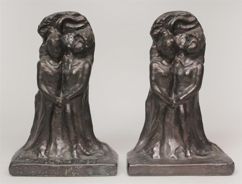 Appraisal: Pair of Metallic-Glazed Pottery Bookends Each modeled on two classical