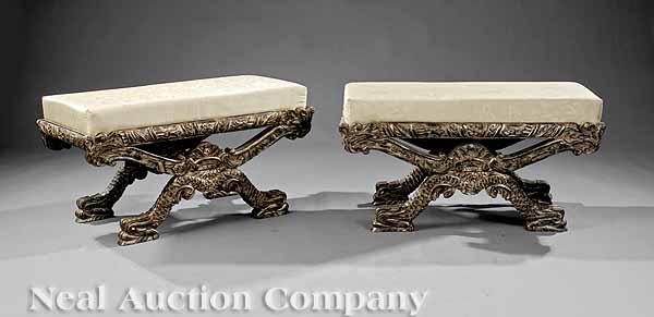 Appraisal: A Pair of Decorative Neoclassical-Style Carved Argent Ottomans rectangular seats