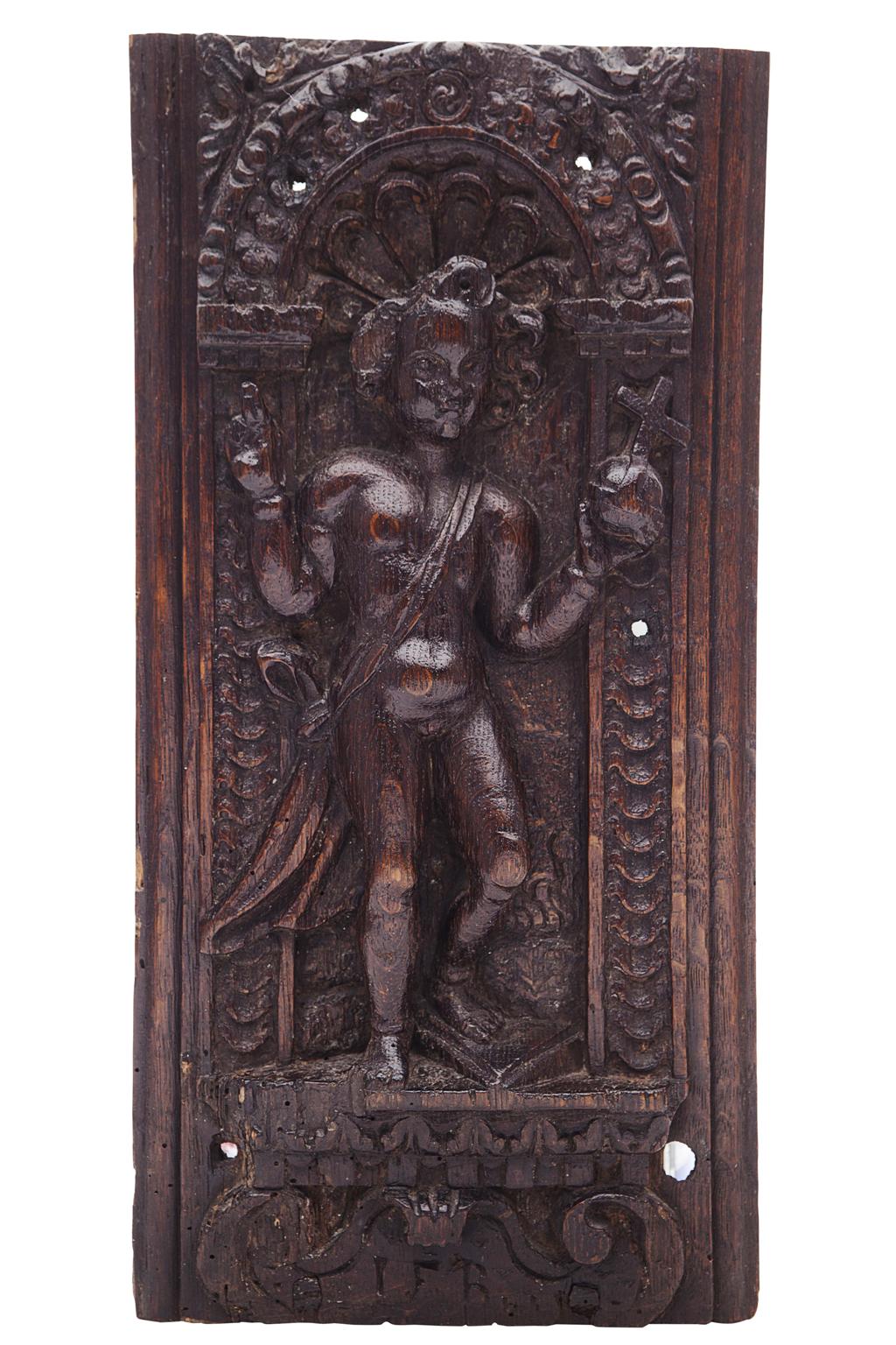 Appraisal: CARVED OAK PANEL TH CENTURY the rectangular panel carved with