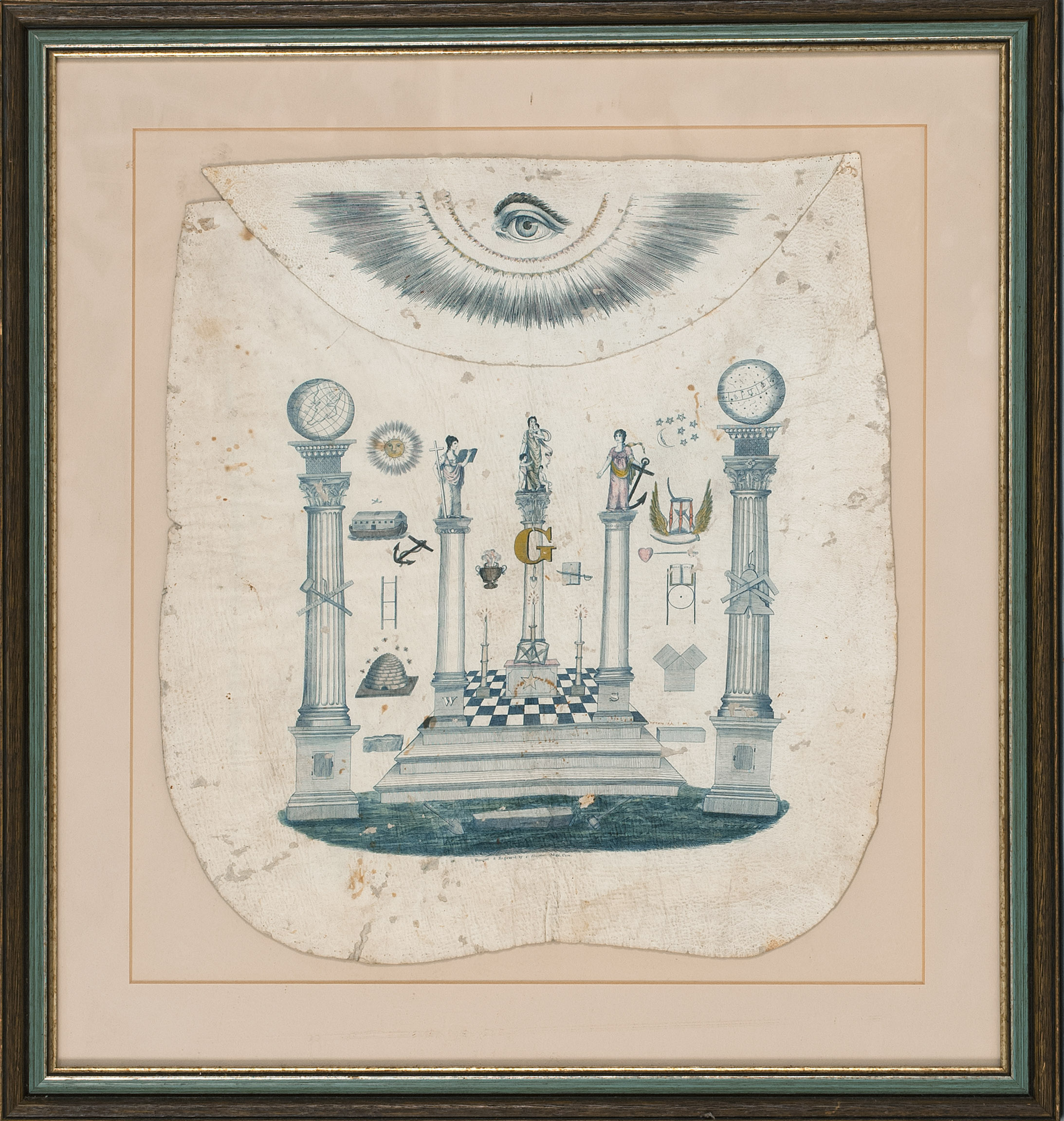 Appraisal: FRAMED MASONIC APRON th CenturyIn white leather with decoration of