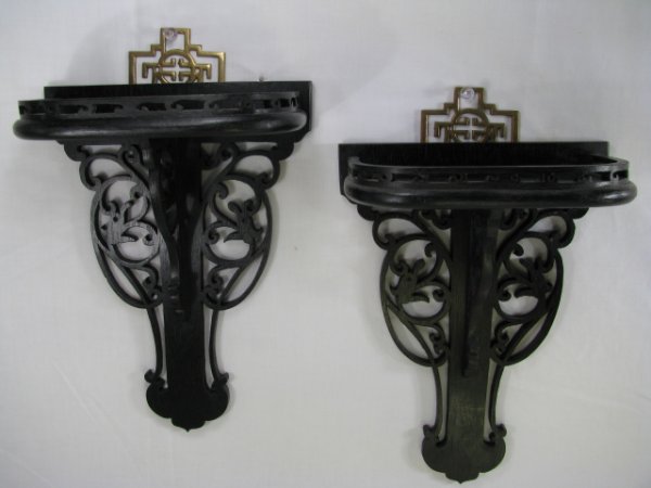 Appraisal: Pair of Chinese wood bracket shelves with hanging brass accents