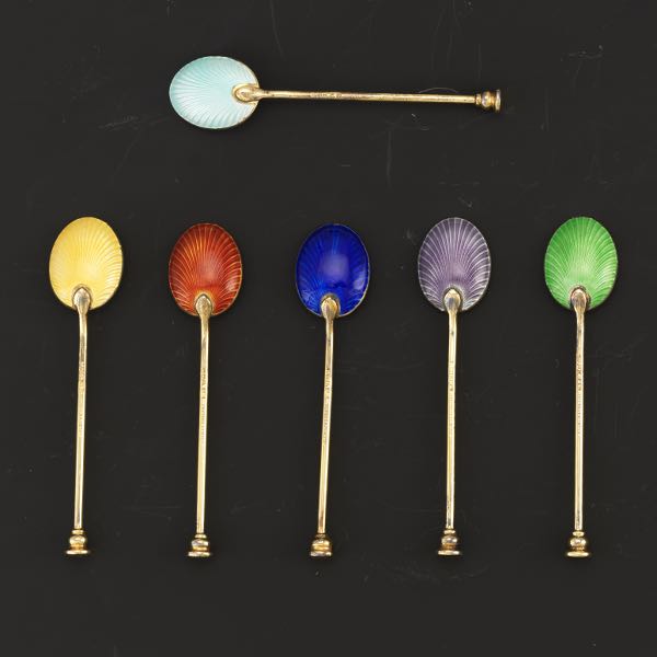 Appraisal: SIX GUILLOCHE ENAMEL GOLD WASHED SPOONS BIRMINGHAM Six sterling silver