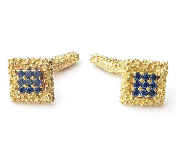 Appraisal: A pair of sapphire and k gold square cufflinks signed