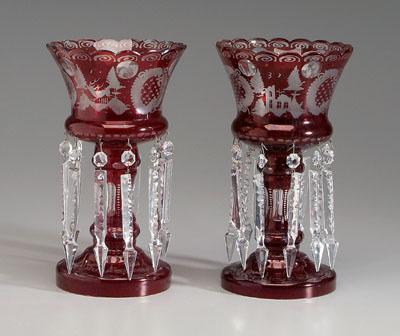 Appraisal: Pair Bohemian glass lusters ruby cut to clear intaglio cut