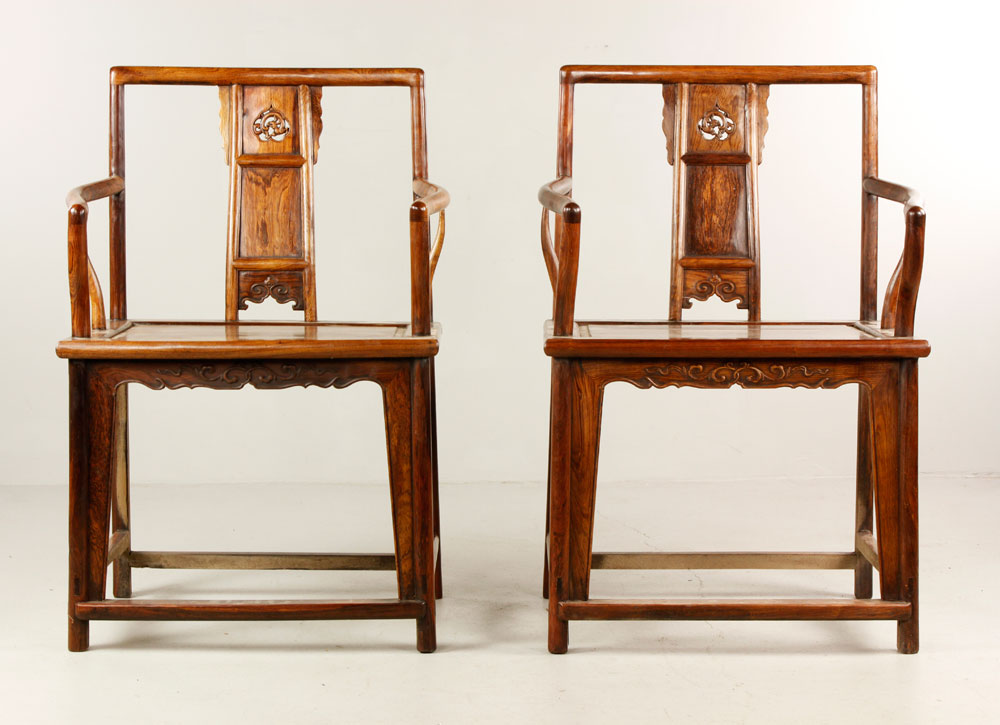 Appraisal: - Pr Chinese Huanghuali Wood Arm Chairs Pair of Chinese