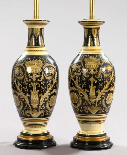 Appraisal: Tall Pair of Italian Black Ivory and Beige Majolica Vases