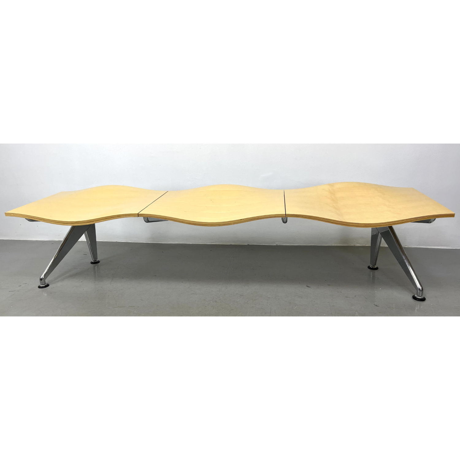 Appraisal: Designer Wave Form Museum Bench with Angled Base Laminate wood