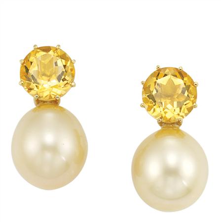 Appraisal: Pair of Gold Citrine and Golden Cultured Pearl Earrings Estimate