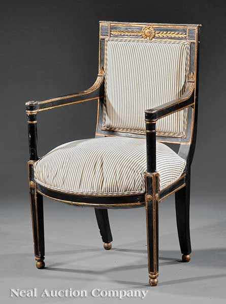 Appraisal: A French Empire Carved Ebonized and Gilt Fauteuil th c