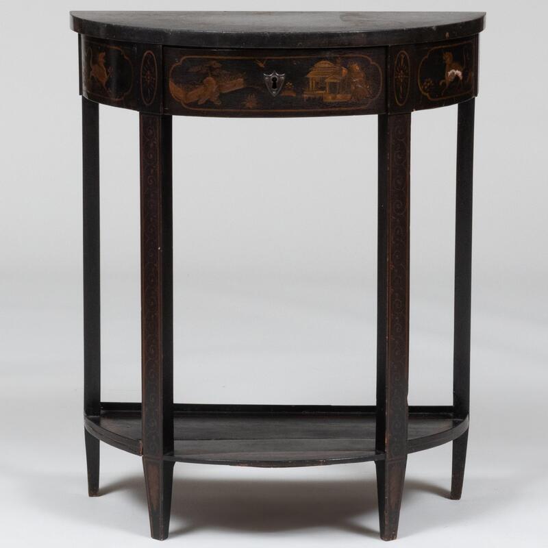 Appraisal: Regency Style Japanned Demilune Console Table With black marble top