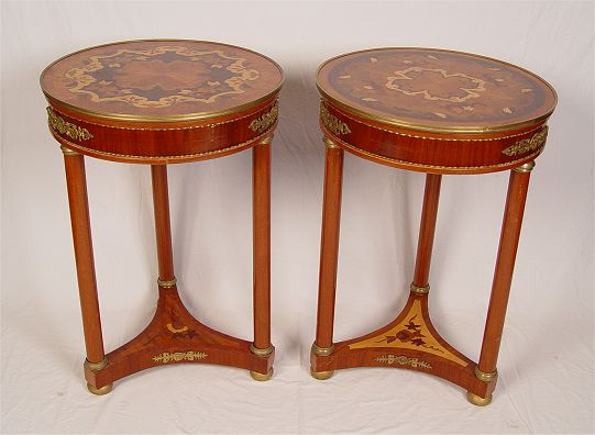 Appraisal: PAIR MARQUETRY INLAY SIDE TABLES Each with a different design