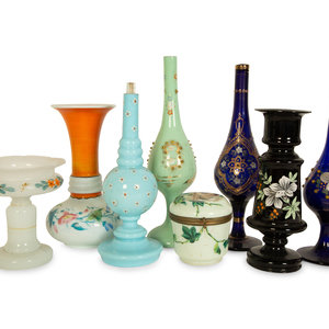 Appraisal: Eight French Opaline Glass Articles th Century comprising vases compote