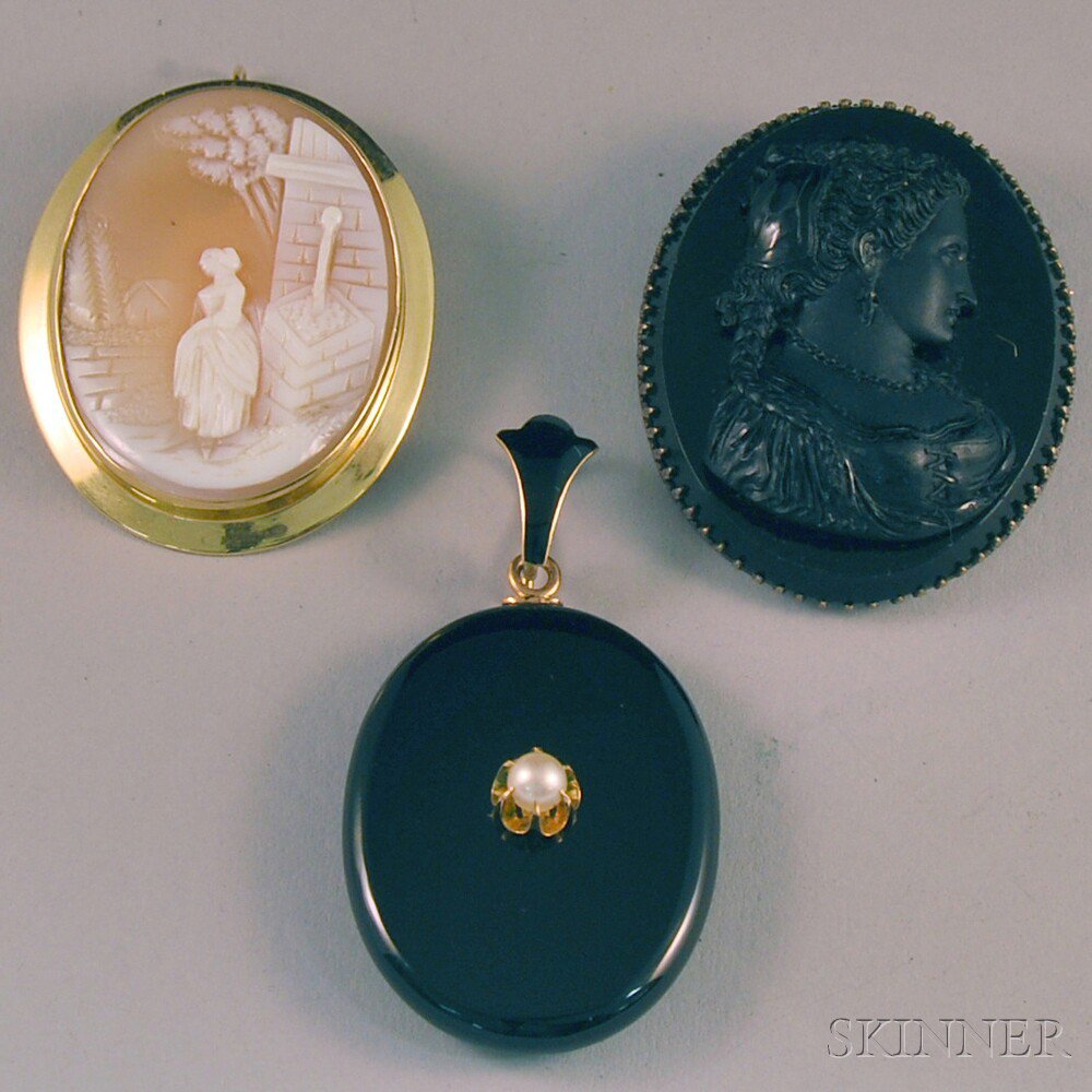 Appraisal: Three Pieces of Cameo and Memorial Jewelry a gold-framed shell-carved