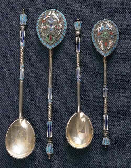 Appraisal: Two pair of Russian silver enamel spoons th c bearing