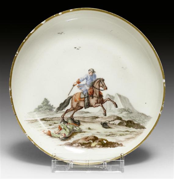 Appraisal: RARE SAUCER WITH WAR SCENE ZURICH CIRCA Painted in the