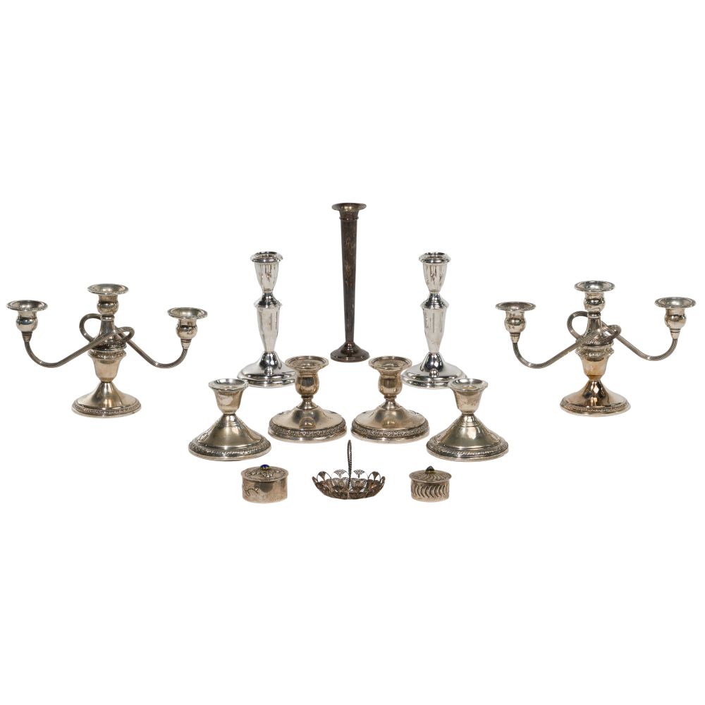 Appraisal: STERLING SILVER OBJECT ASSORTMENT items including pairs of weighted candleholders