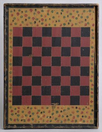 Appraisal: PAINTED WOOD CHECKERBOARD With alternating black and maroon squares sponged