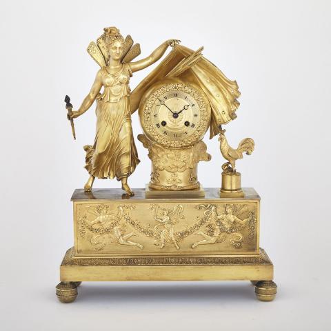 Appraisal: French Gilt Bronze Figural Mantle Clock early th century modelled