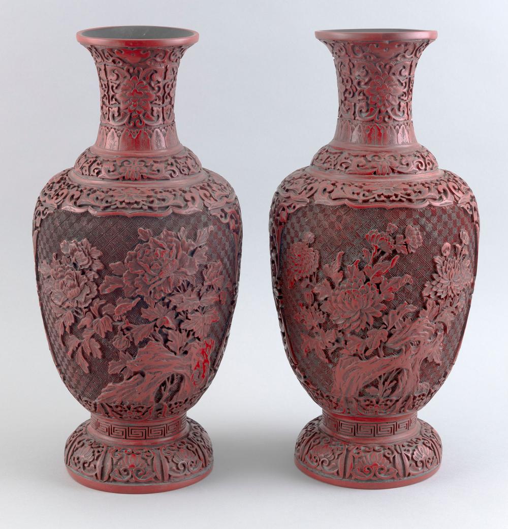 Appraisal: PAIR OF CHINESE CARVED CINNABAR BALUSTER VASES EARLY TH CENTURY