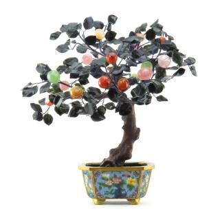 Appraisal: Large Vintage Chinese Gemstone Peach Tree in Cloisonne Base Large