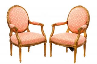 Appraisal: Pair of Louis XVI Style Giltwood Carved Fauteuils French th