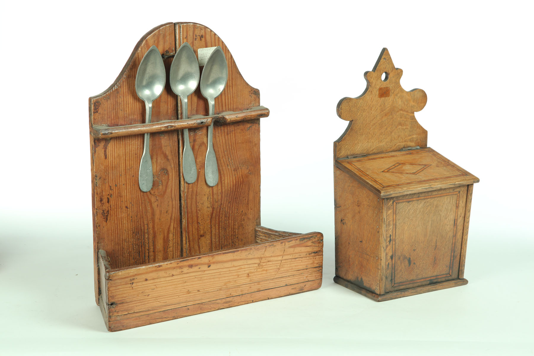 Appraisal: HANGING BOX AND SPOON RACK England th century Inlaid oak