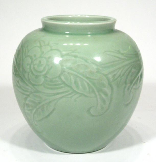 Appraisal: Green celadon glazed porcelain vase with incised leaf decoration paper