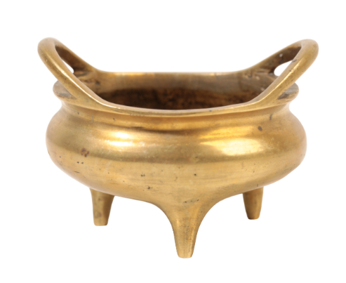 Appraisal: A CHINESE GILT BRONZE MINIATURE TRIPOD CENSER with simple loop