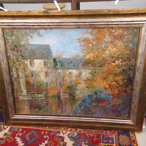 Appraisal: Lange oil autumn scene with building in backgro on masonite