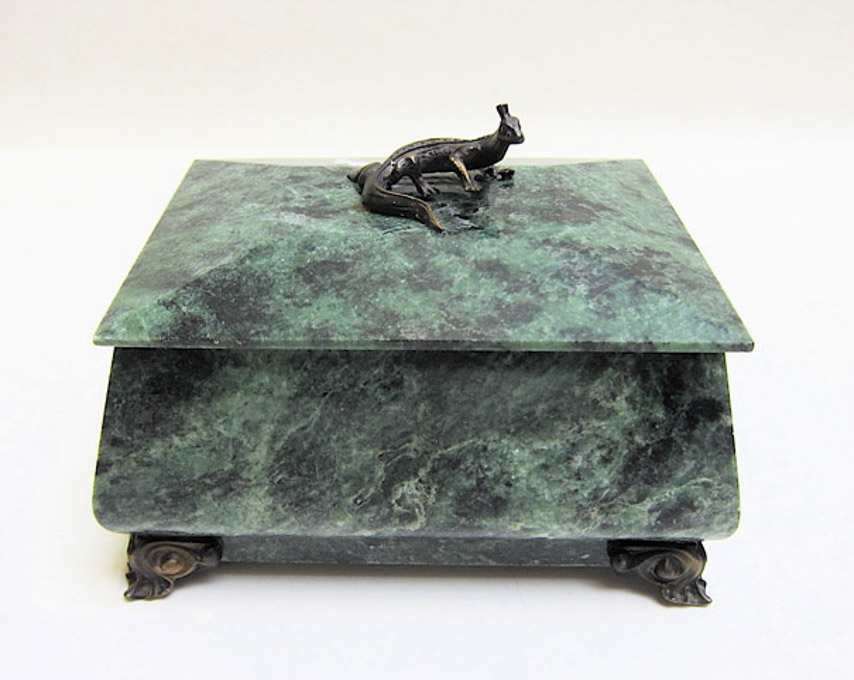 Appraisal: RUSSIAN 'JADE' STONE AND BRONZE BOX Natural jade-green serpentine stone