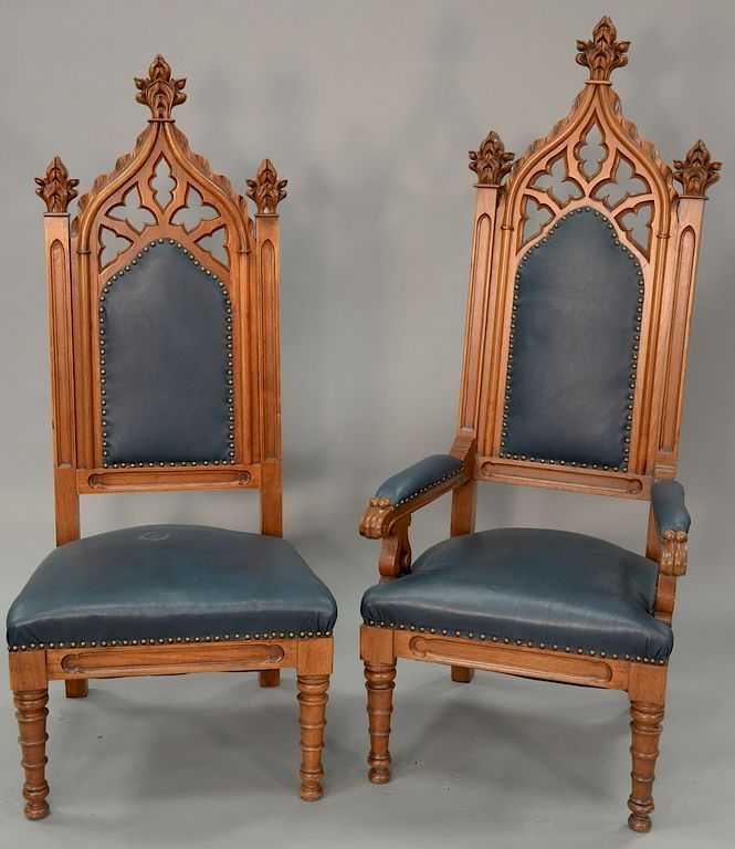 Appraisal: Set of six Victorian walnut gothic chairs including four armchairs