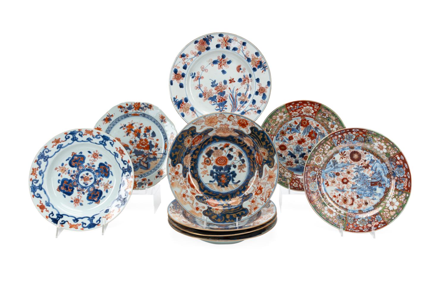 Appraisal: NINE MOSTLY CHINESE IMARI PALETTE PLATES BOWLS Nine mostly Chinese