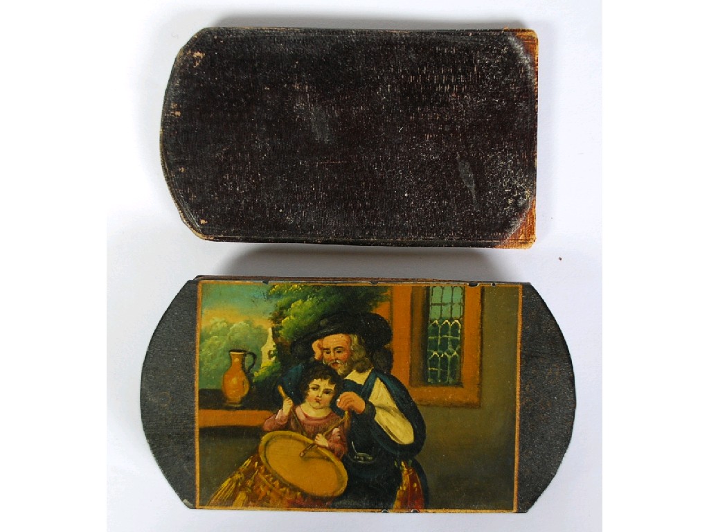 Appraisal: NINETEENTH CENTURY BLACK LACQUERED PICTORIALLY PAINTED SPECTACLE CASE with concertina