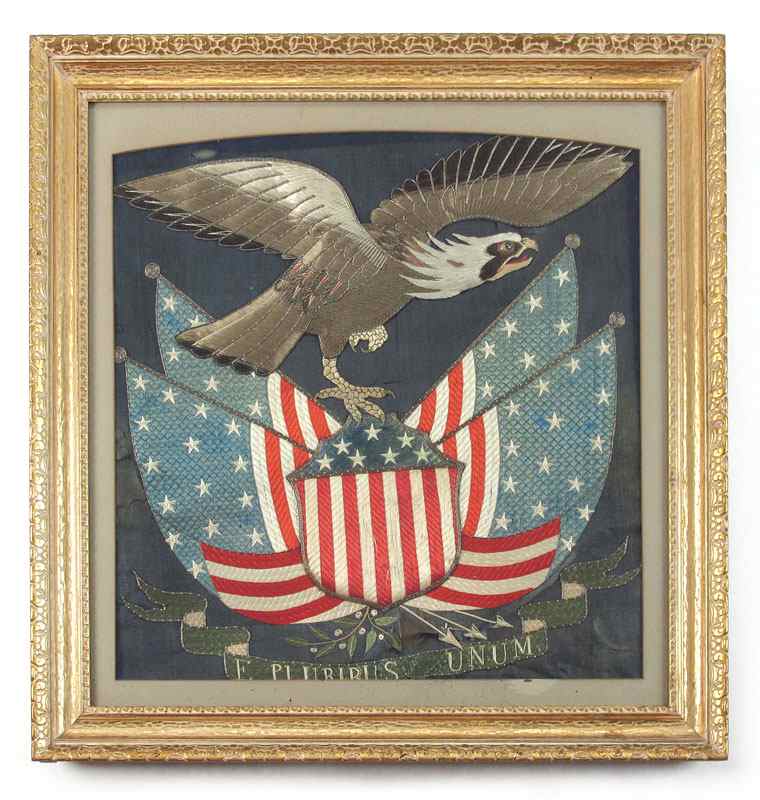 Appraisal: FOLK ART EAGLE AMERICAN FLAGS EMBROIDERY Circa late th to