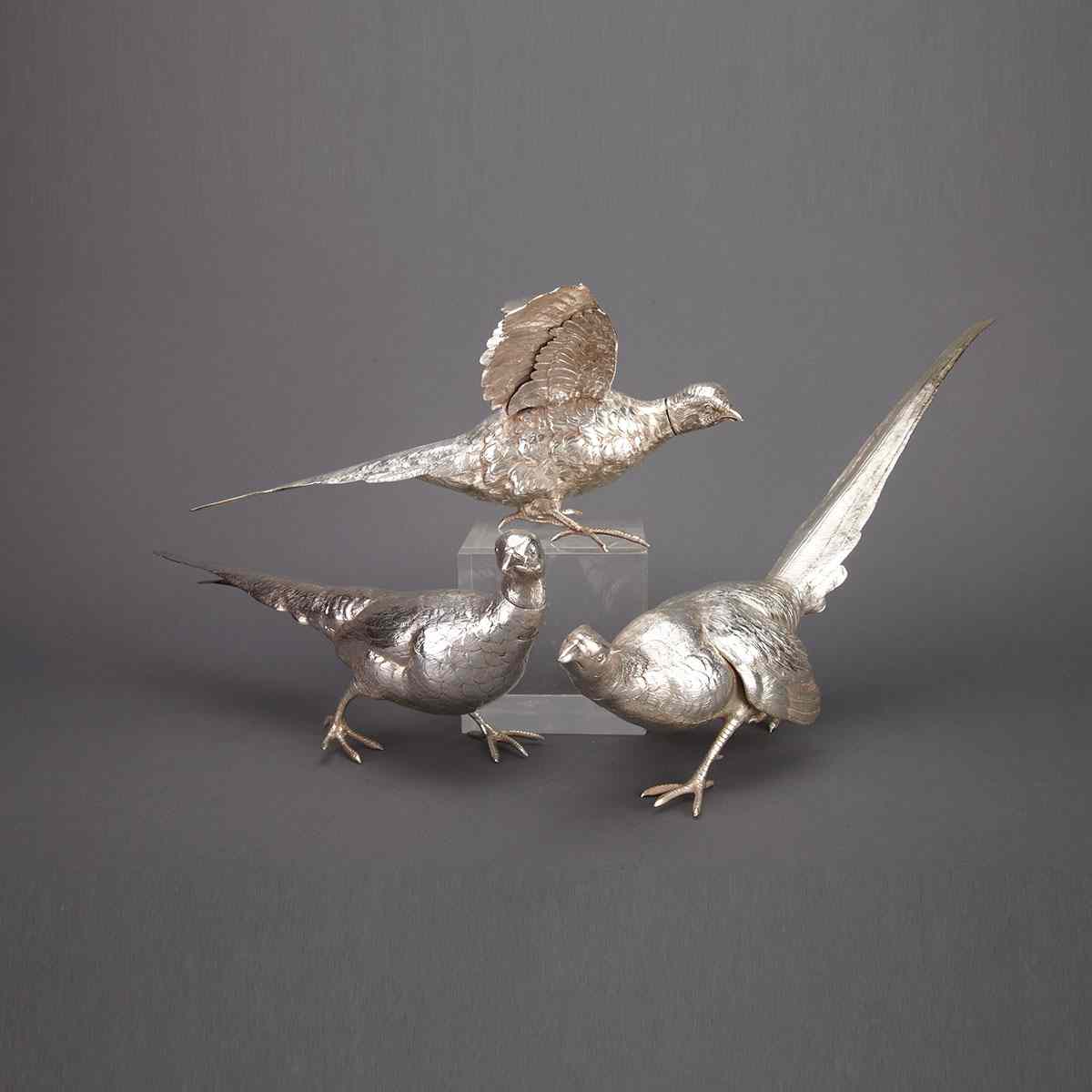 Appraisal: Three English Silver Table Pheasants Sheffield with removable heads Length