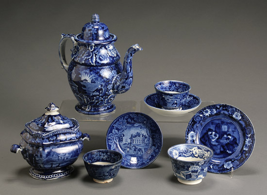 Appraisal: Staffordshire Historical Dark Blue Transfer-Decorated Assembled Eight-Piece Coffee Service th