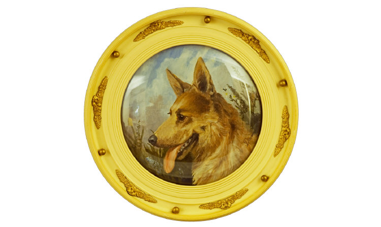 Appraisal: Watercolour Alsation Dog signed Dianne In circular Bakelite frame inches