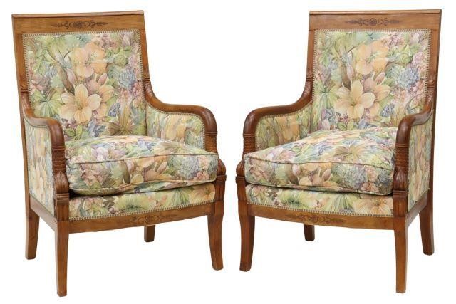 Appraisal: pair French Empire style fruitwood armchairs late th c having