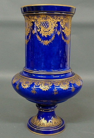 Appraisal: - Large blue Sevres vase with ornate gilt decoration h