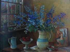 Appraisal: Margaret Olley - Delphiniums and Postcard circa - oil on