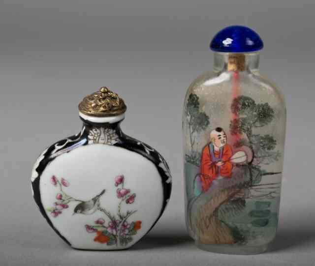 Appraisal: Chinese Peking Glass Snuff BottlesOne depicting boys on landscape one